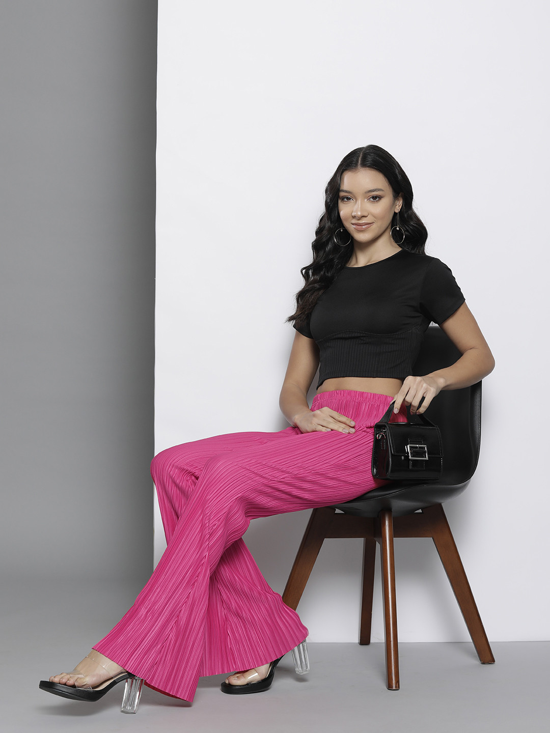 Boohoo Women Accordion Pleats Flared Plisse Trousers