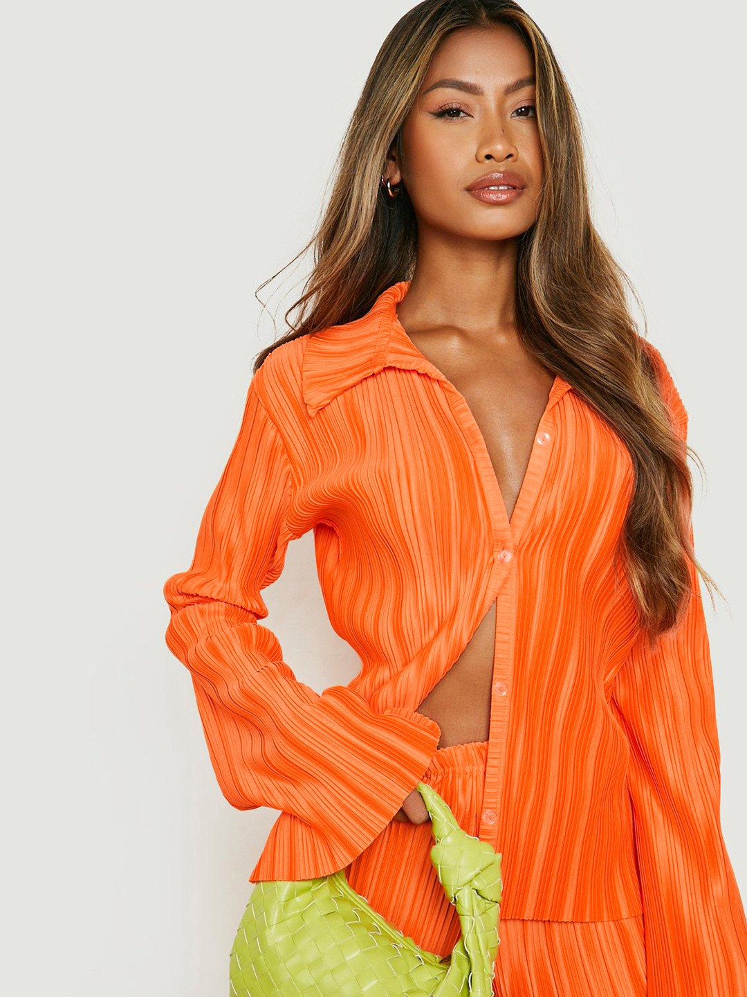 Boohoo Women Flared Sleeve Plisse Shirt