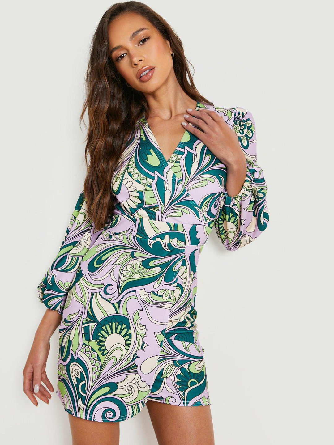 Boohoo Printed Wrap Tulip Hem Mini Dress