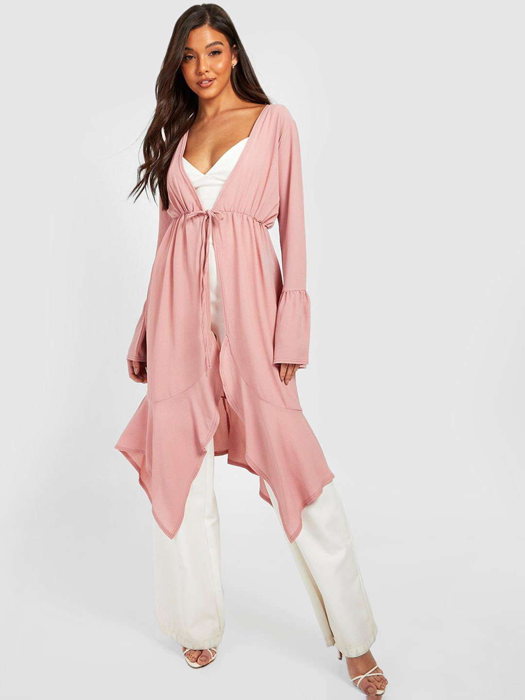 Boohoo Women Chiffon Ruffle Detail Longline Tie-Up Shrug
