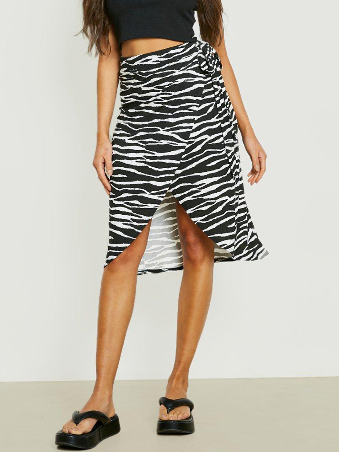 Boohoo Zebra Wrap A-line Skirt