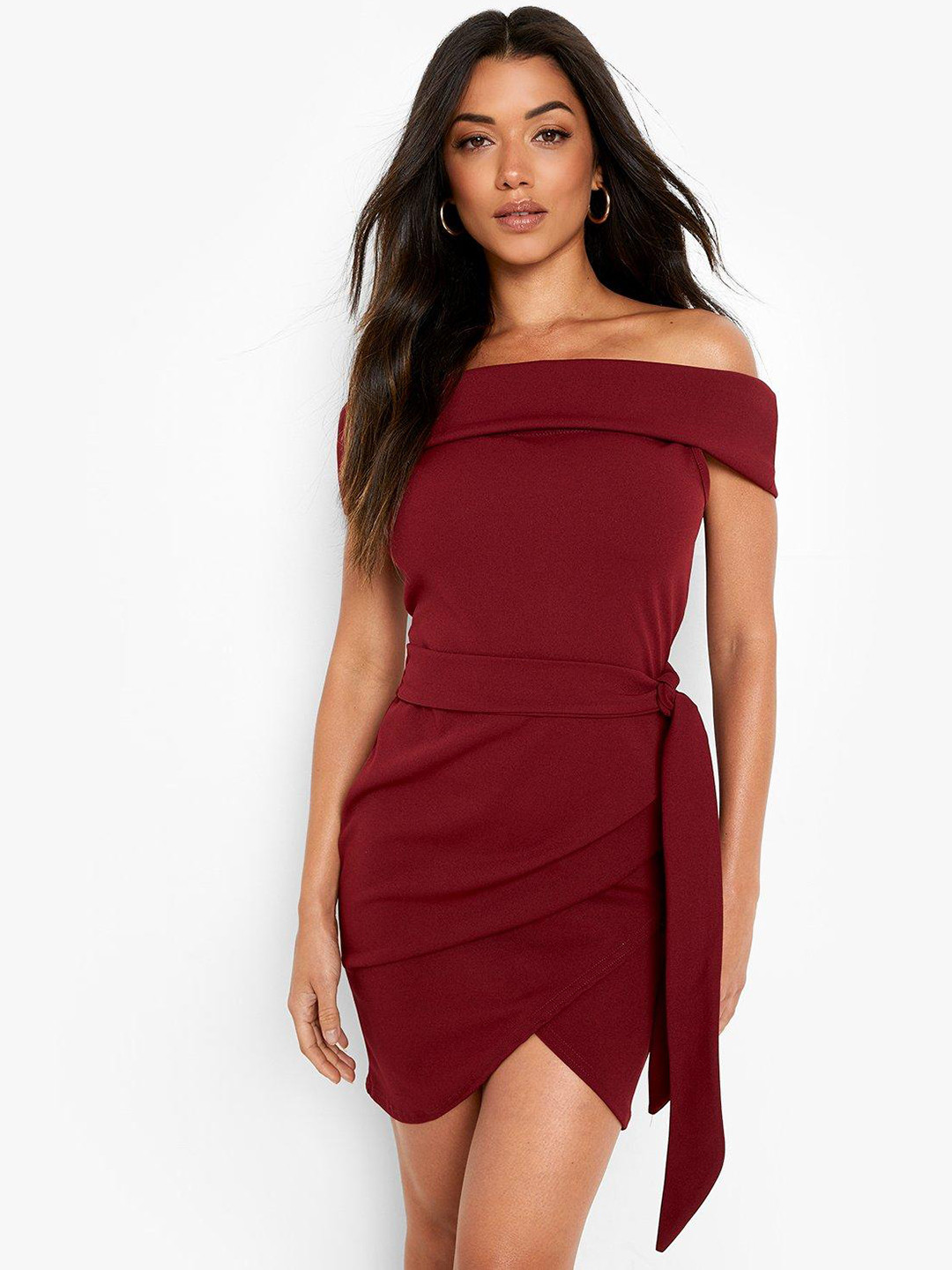 Boohoo Tulip Hem Bardot Sheath Mini Dress