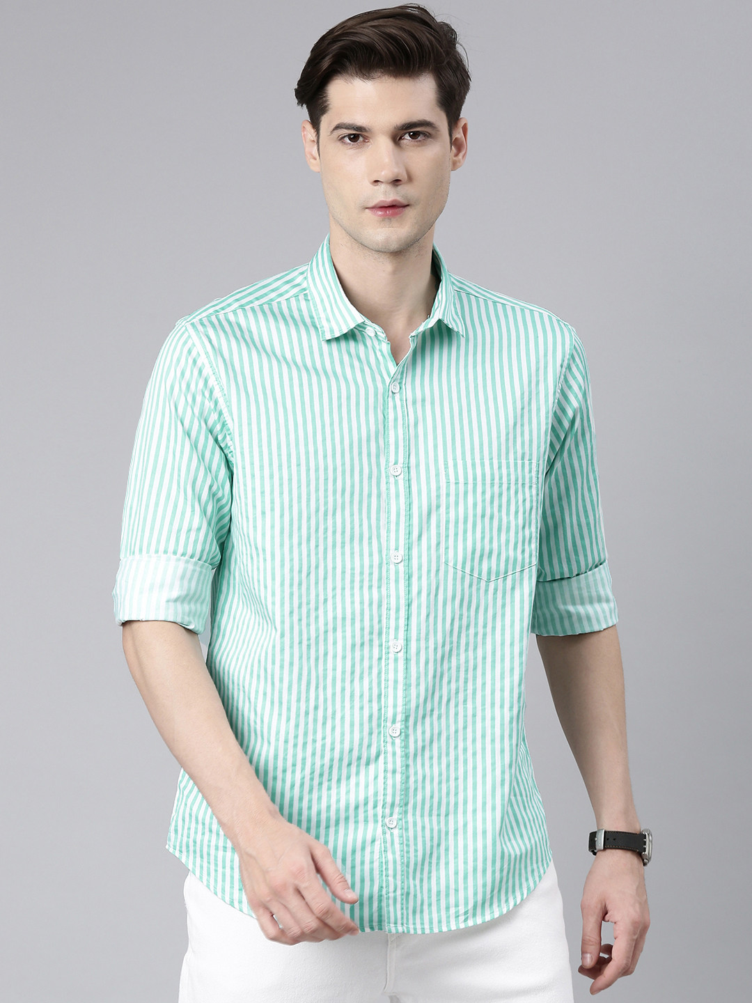 DEZANO Standard Satin Vertical Stripes Casual Shirt