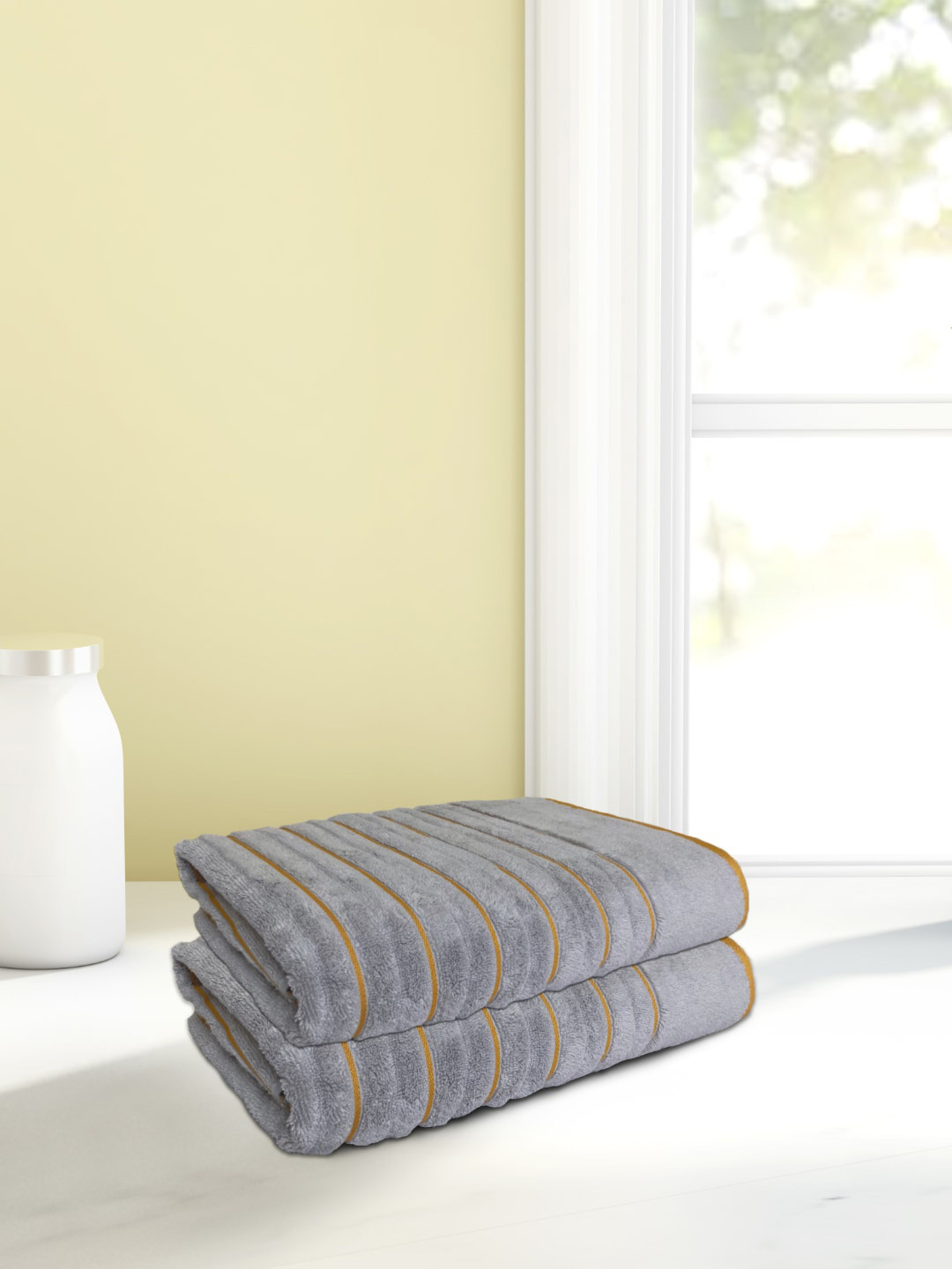 SPACES Silver-Toned Set Of 2 Ribbed Pure Cotton 575 GSM Hand Towels