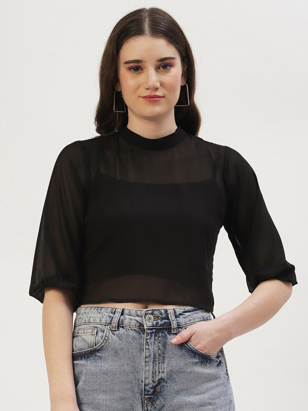 DressBerry Solid Semi Sheer Crop Top