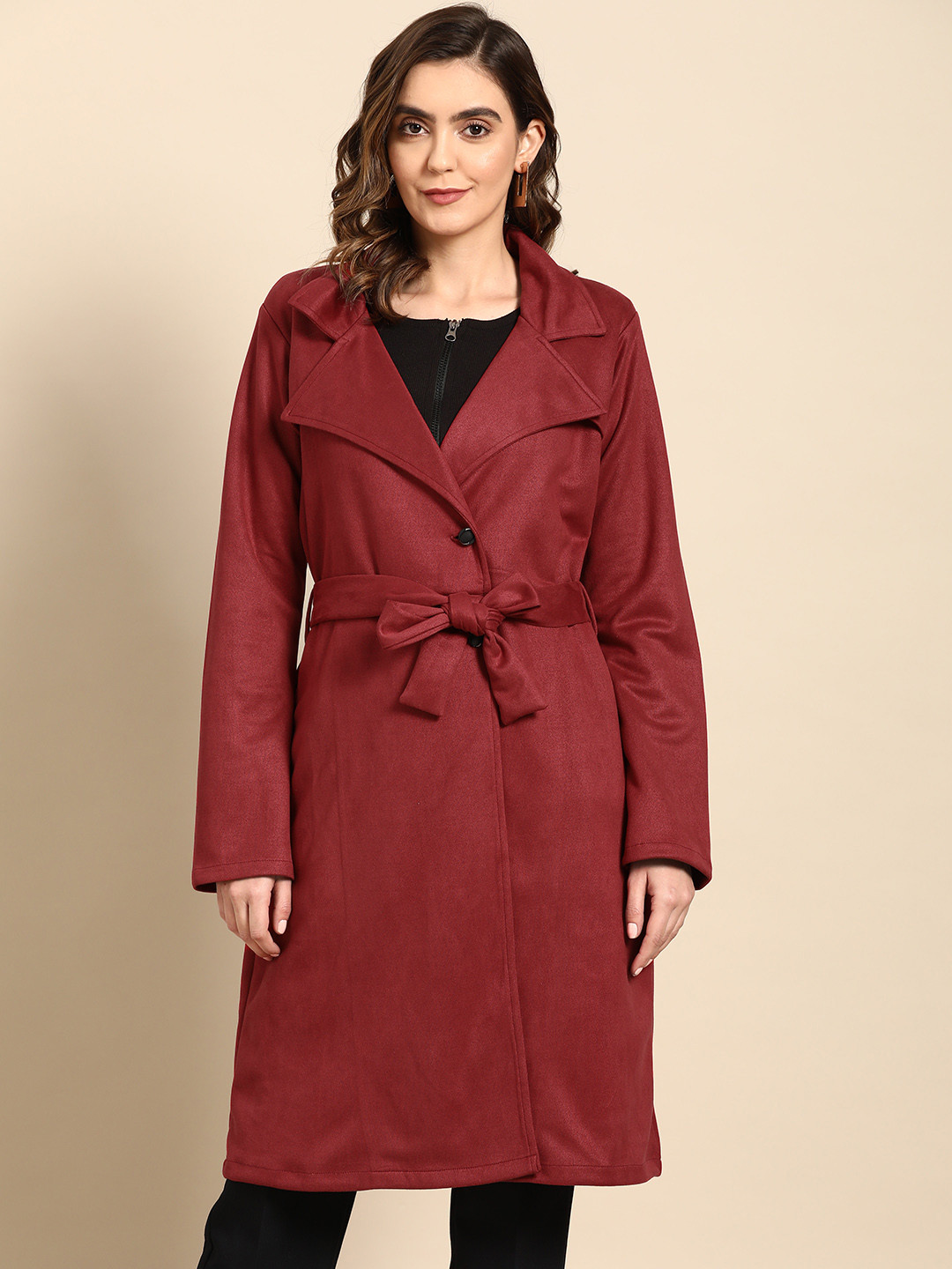 Athena Women Maroon Solid Suede Overcoat