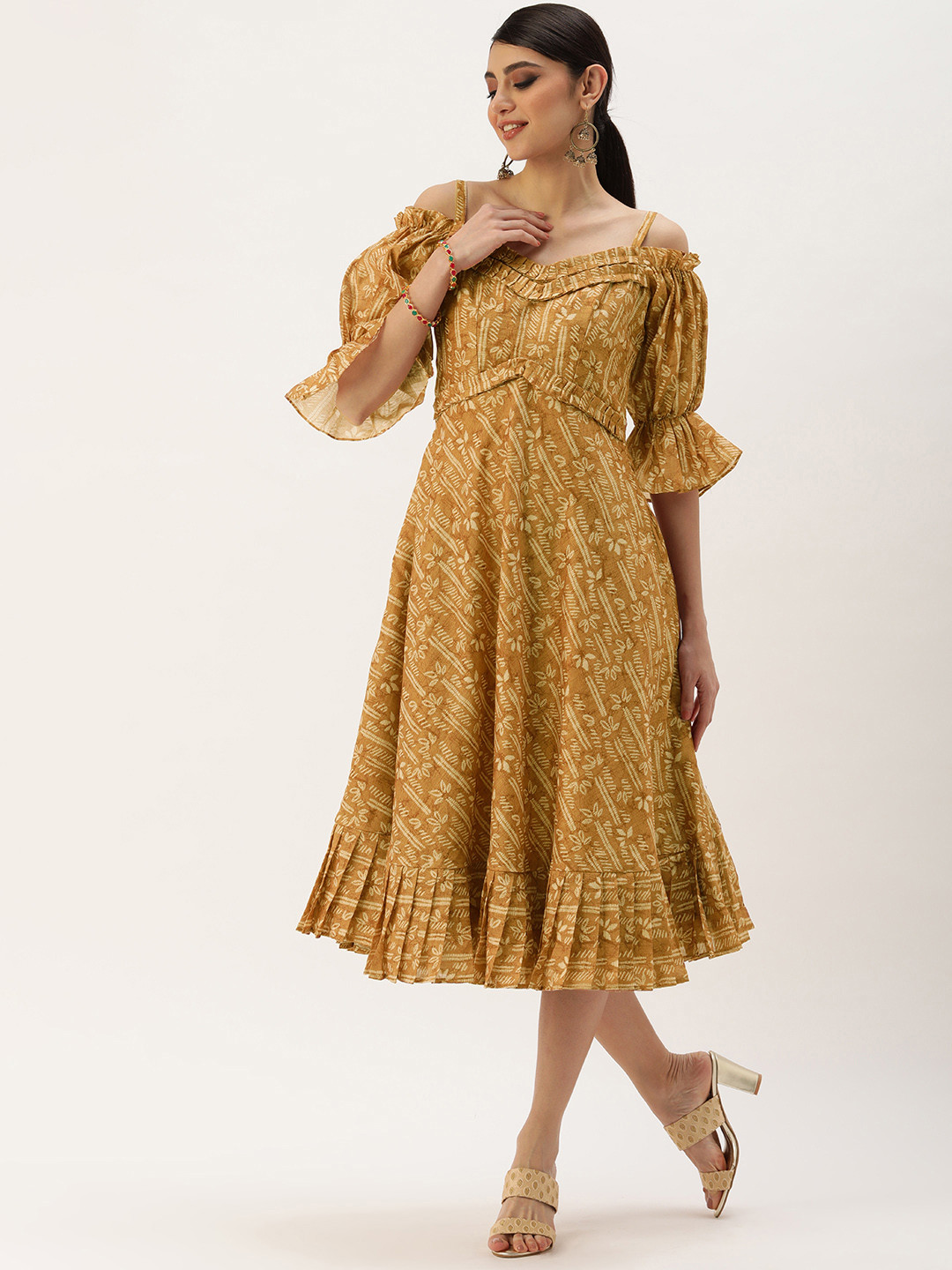 EthnoVogue Beige Floral Ethnic A-Line Midi Dress