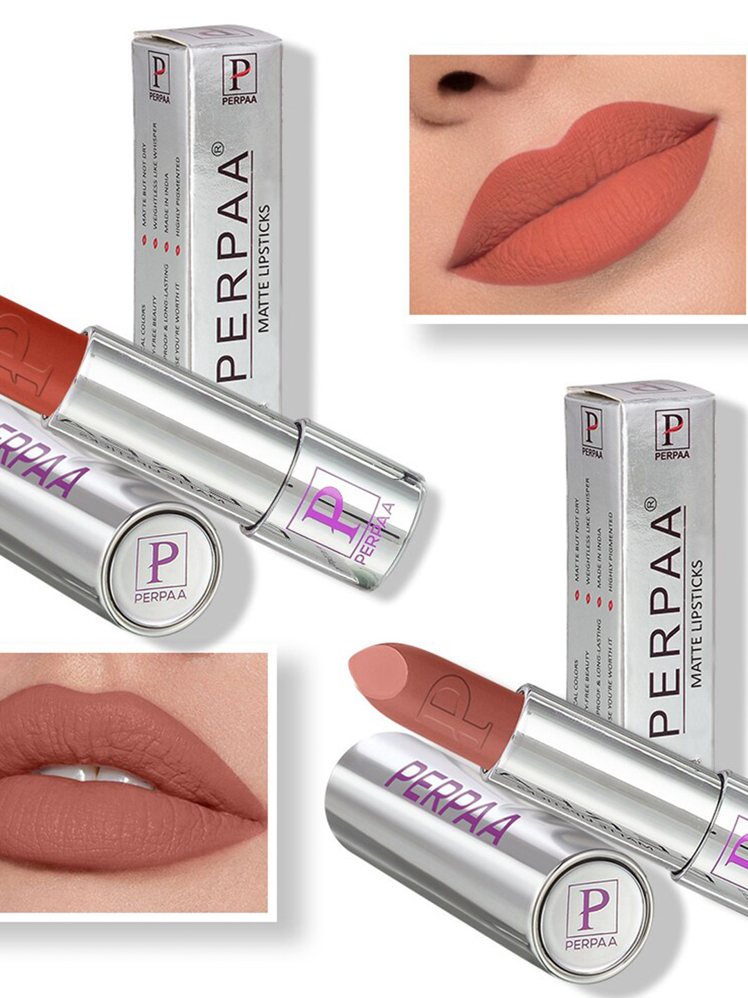 PERPAA Set of 2 Push Button Matte Lipstick 3.5g each- Rust Brown 301 & Nude 306