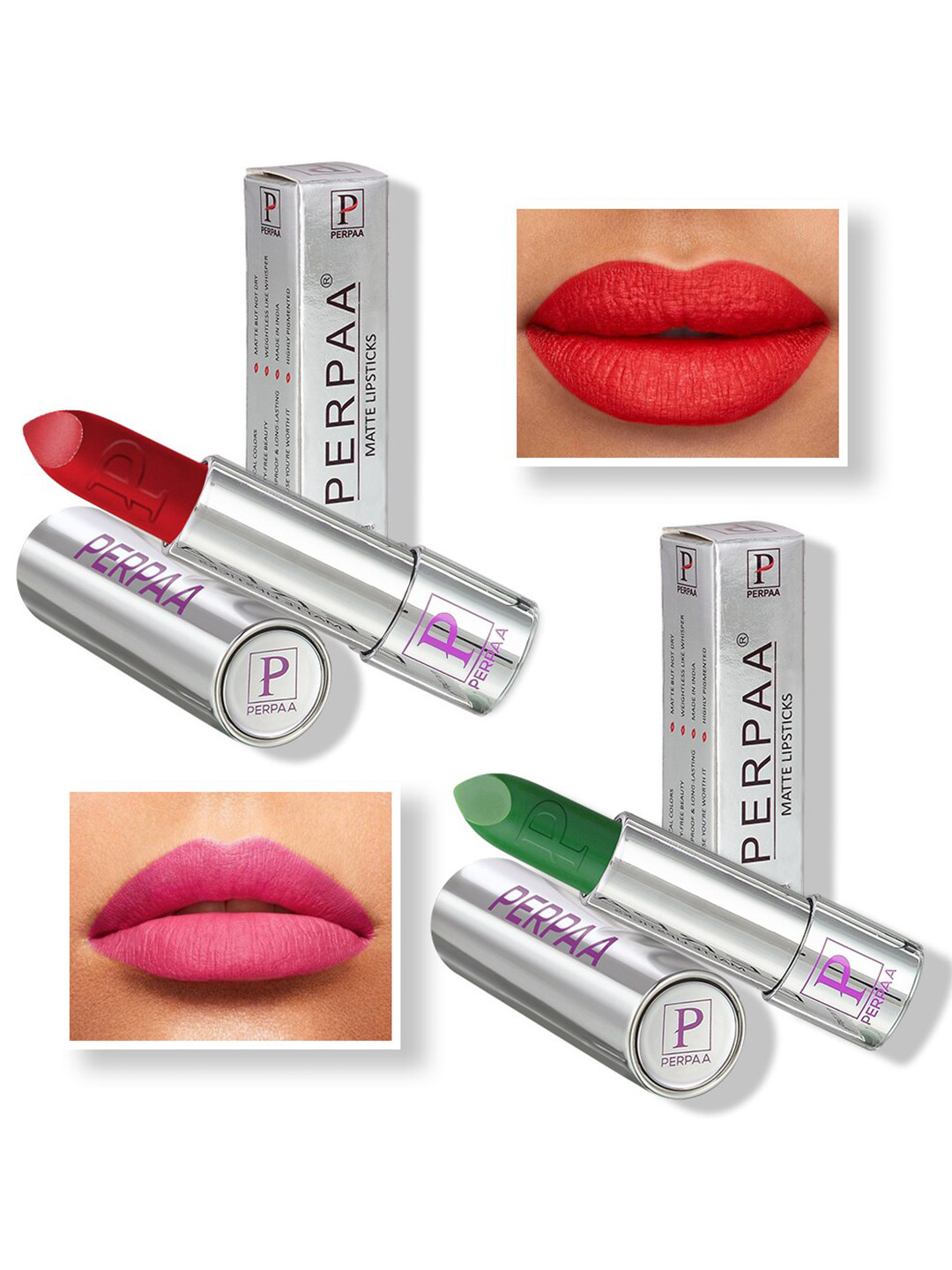 PERPAA Set of 2 Push Button Matte Lipstick 3.5g Each - Red 196 & Natural Pink 305