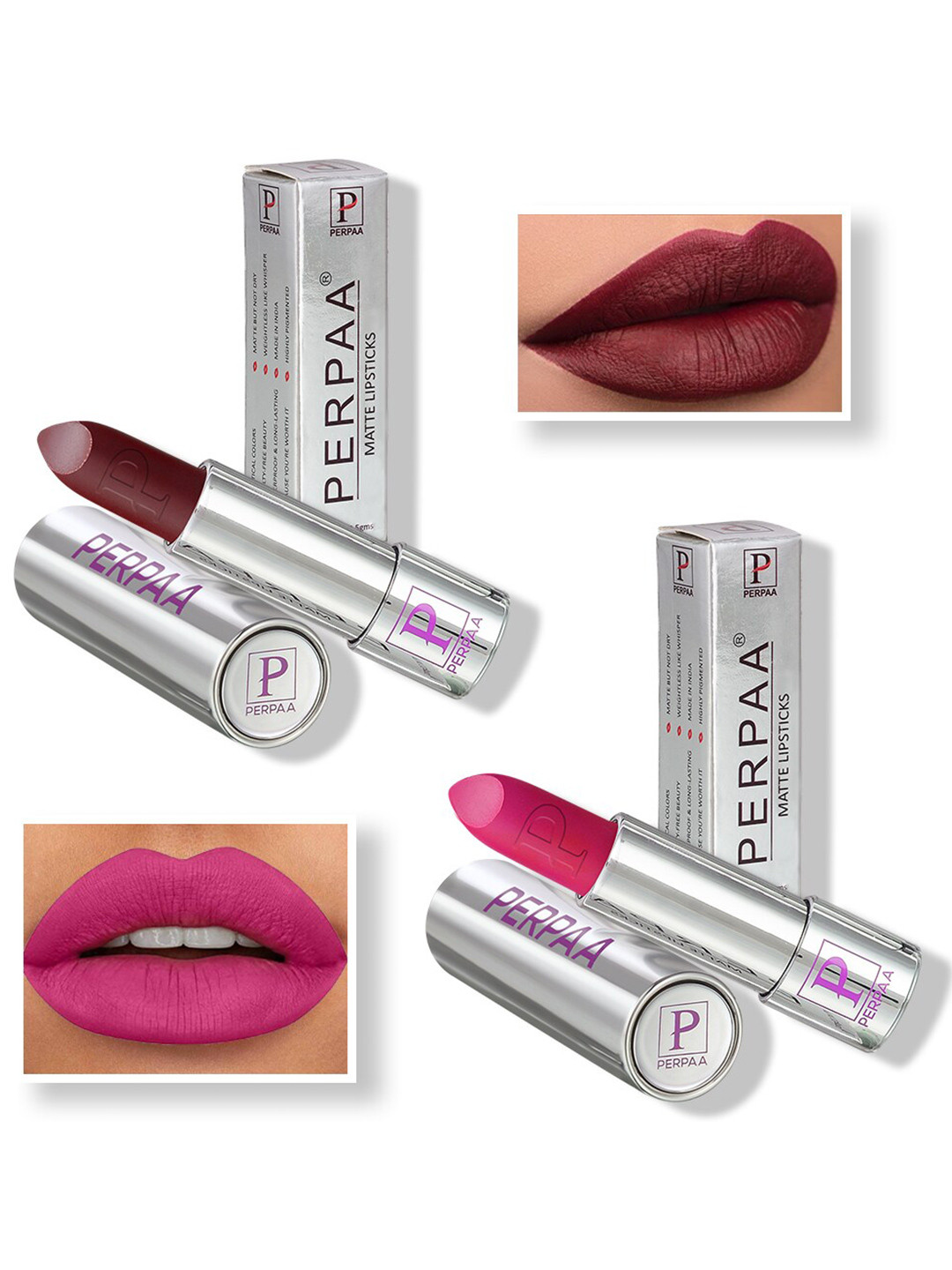 PERPAA Set of 2 Push Button Matte Lipstick 3.5g Each - Maroon 156 & Pink 175