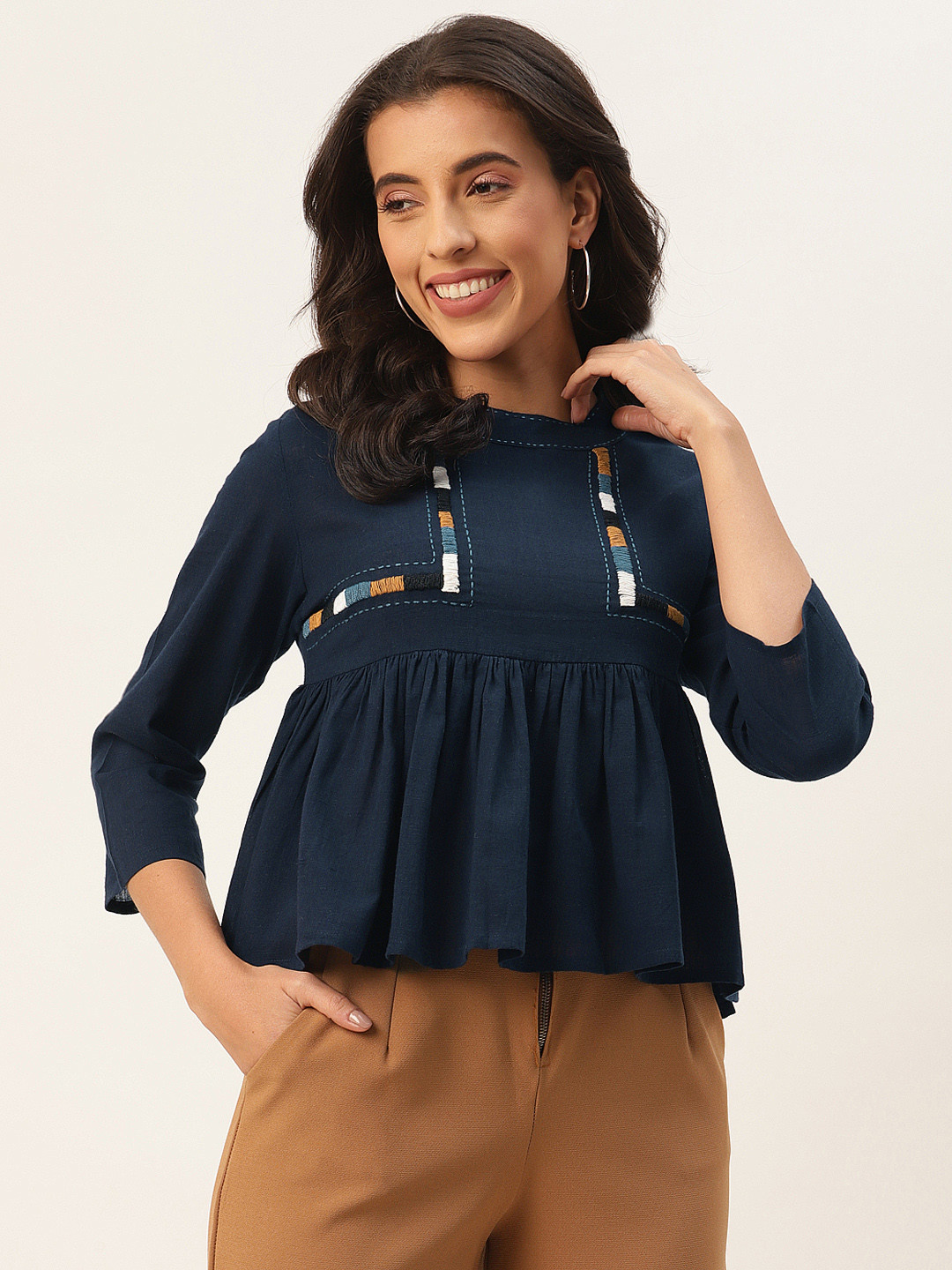RangDeep Navy Blue Indigo Peplum Cotton Top