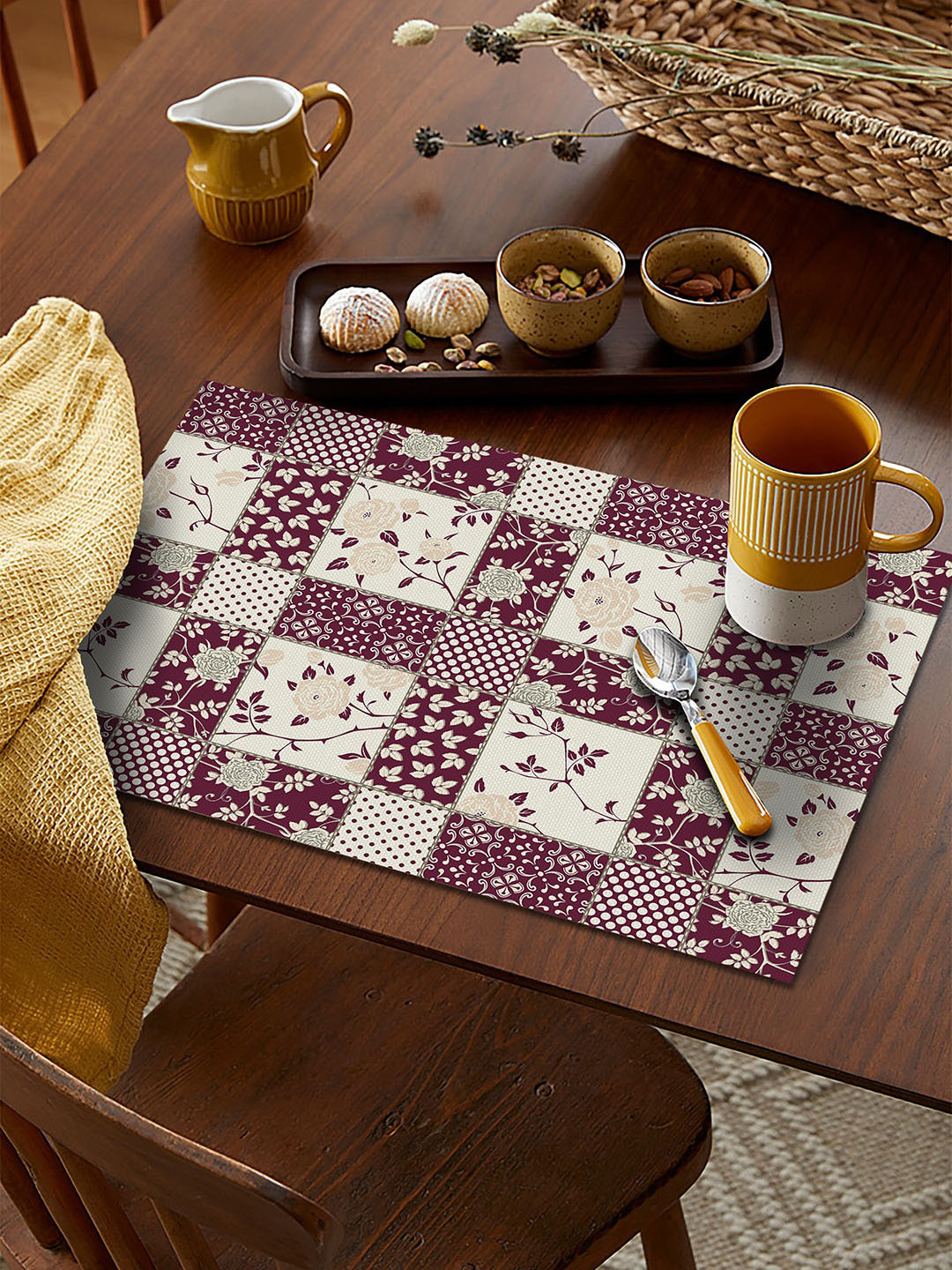 AEROHAVEN Cream & Maroon Set Of 4 Floral Printed Table Placemats