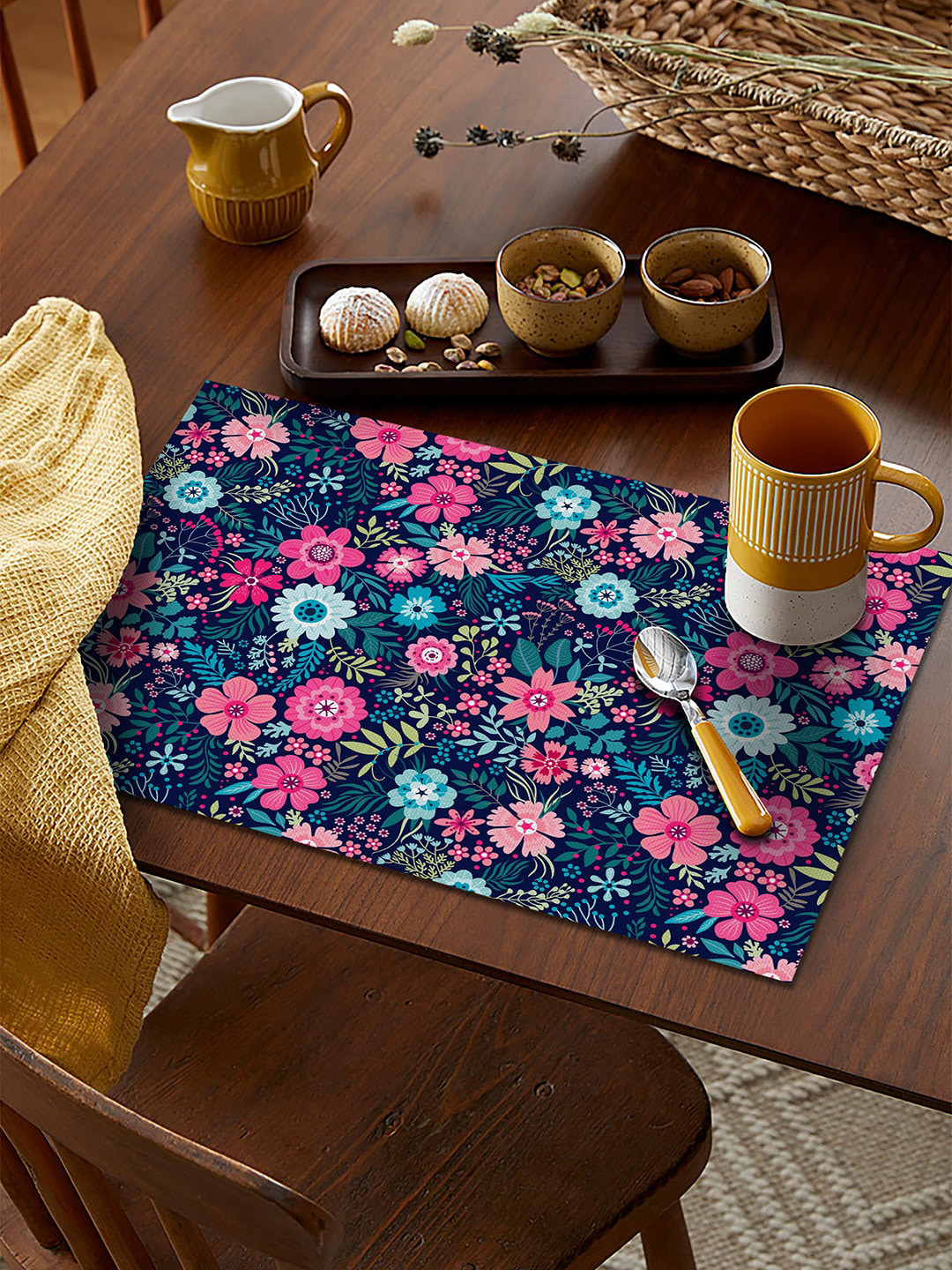 AEROHAVEN Blue & Pink Set Of 4 Floral Printed Cotton Table Placemats