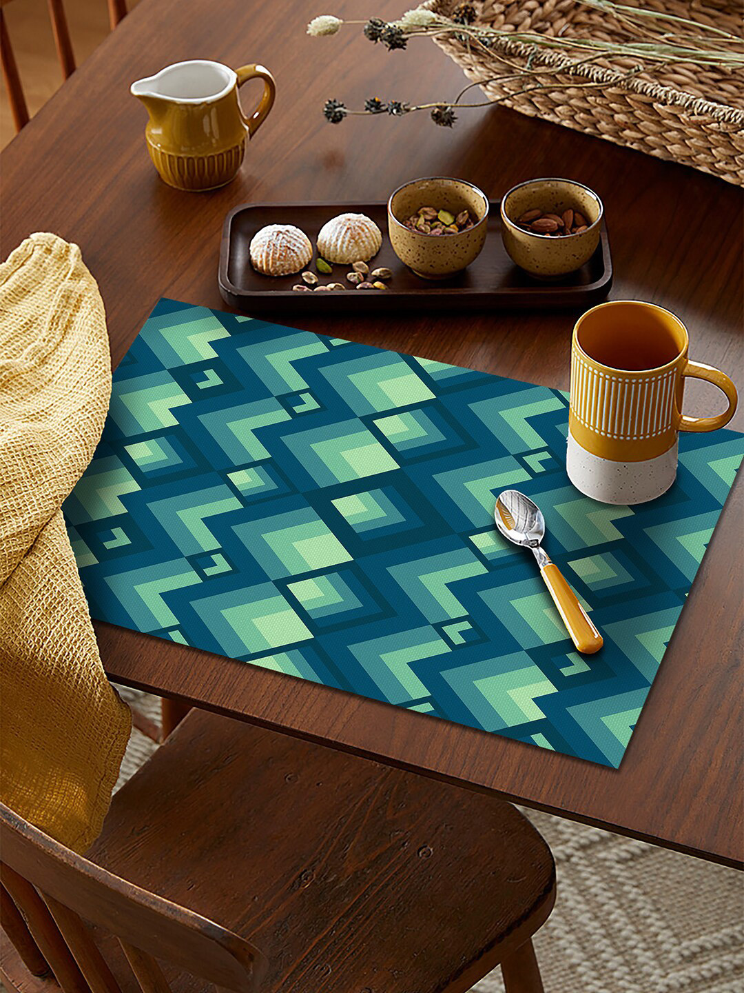 AEROHAVEN Teal Green & Blue Set Of 4 Geometric Printed Table Placemats