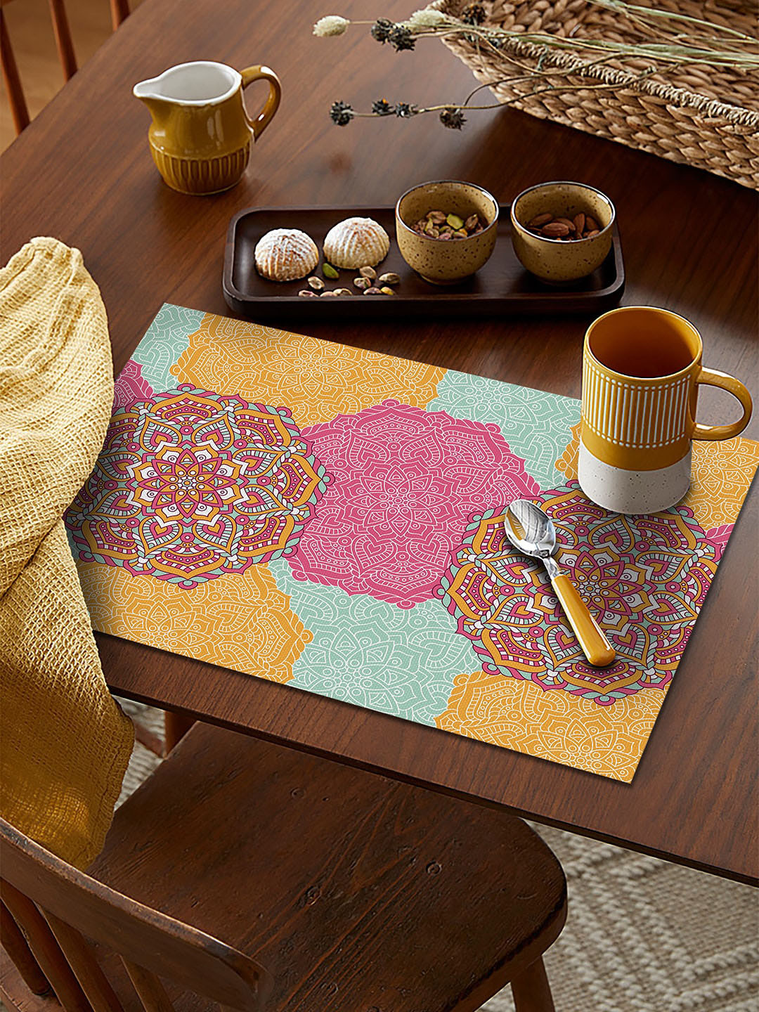 AEROHAVEN Pink & Yellow Set Of 4 Ethnic Motifs Printed Rectangular Table Placemats