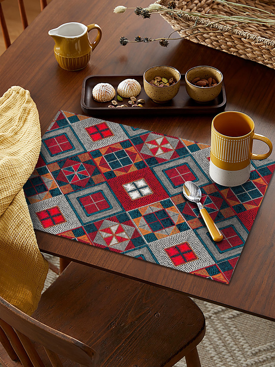 AEROHAVEN Yellow & Red Set Of 4 Geometric Pattern Table Placemats