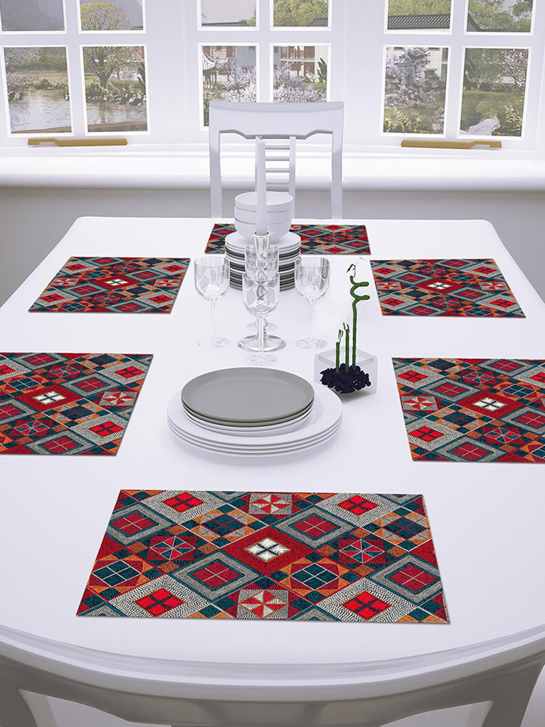 AEROHAVEN Yellow & Red Set Of 6 Geometric Printed Table Placemats