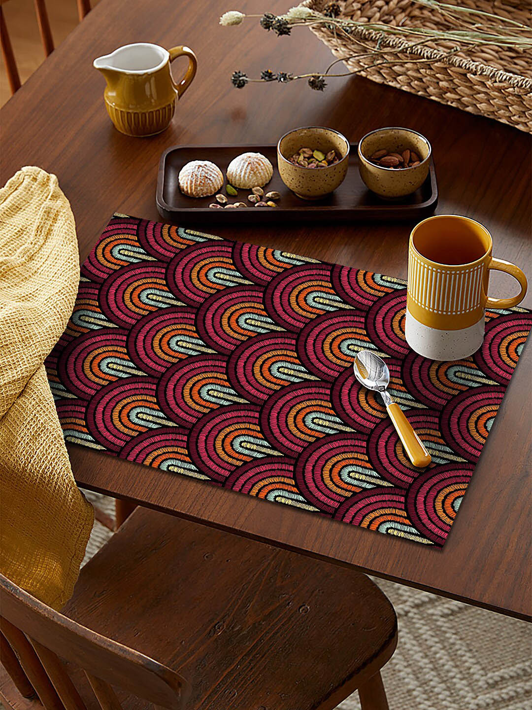 AEROHAVEN Maroon & Blue Set Of 4 Geometric Printed Table Placemats