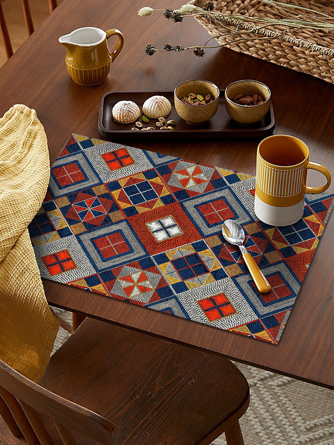 AEROHAVEN Yellow & Orange Set of 4 Geometric Patterned Dining Table Placemats