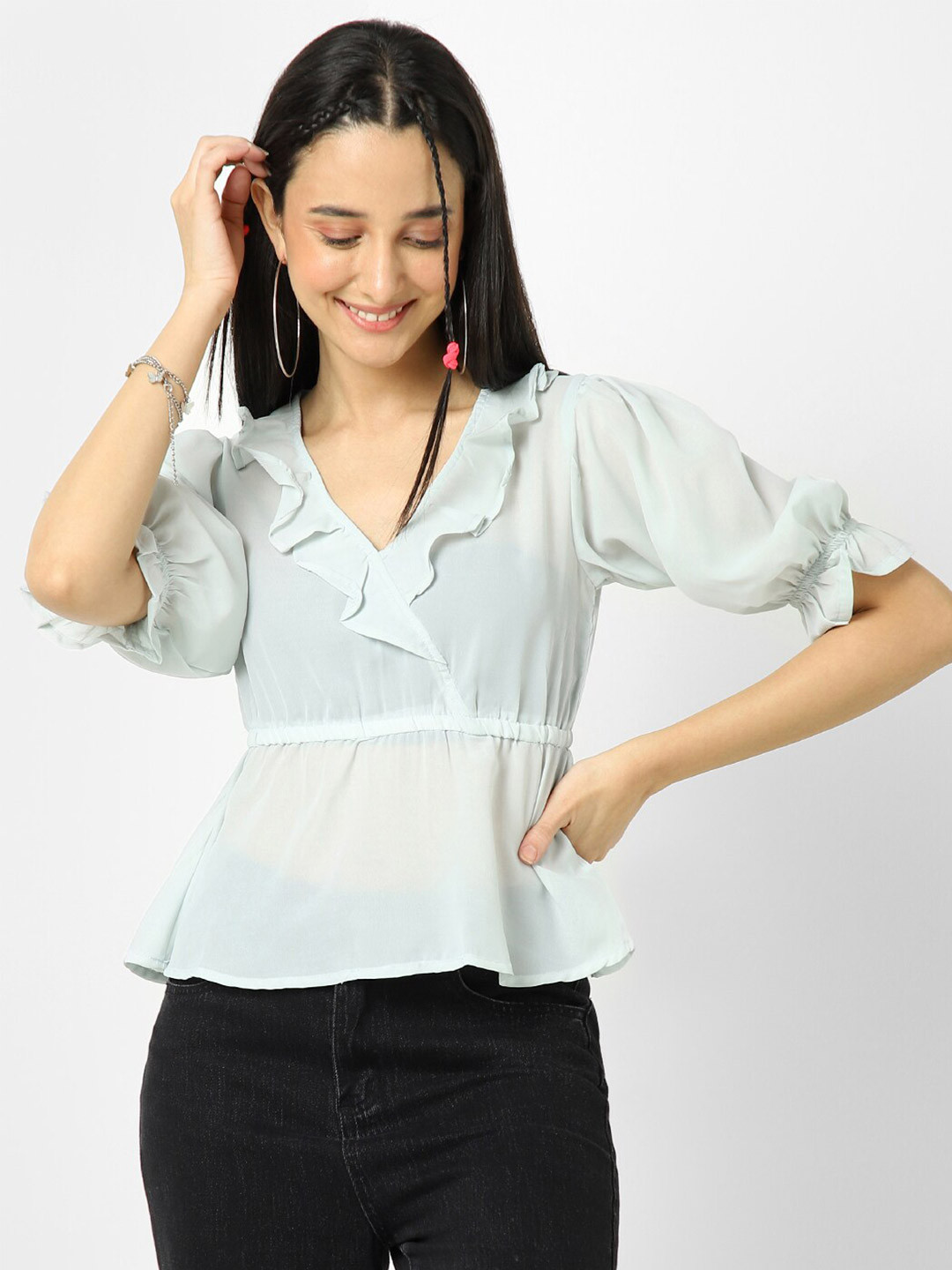 VASTRADO V-Neck Puff Sleeves Sheer Peplum Top