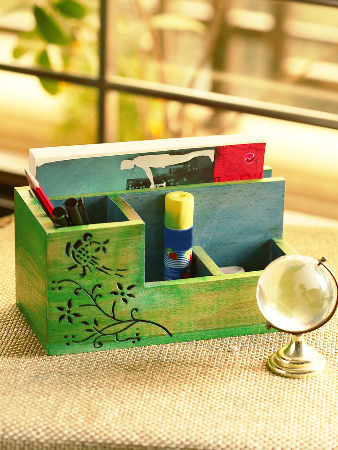 ExclusiveLane Green Bird Collection Handcrafted Wooden Table Organiser