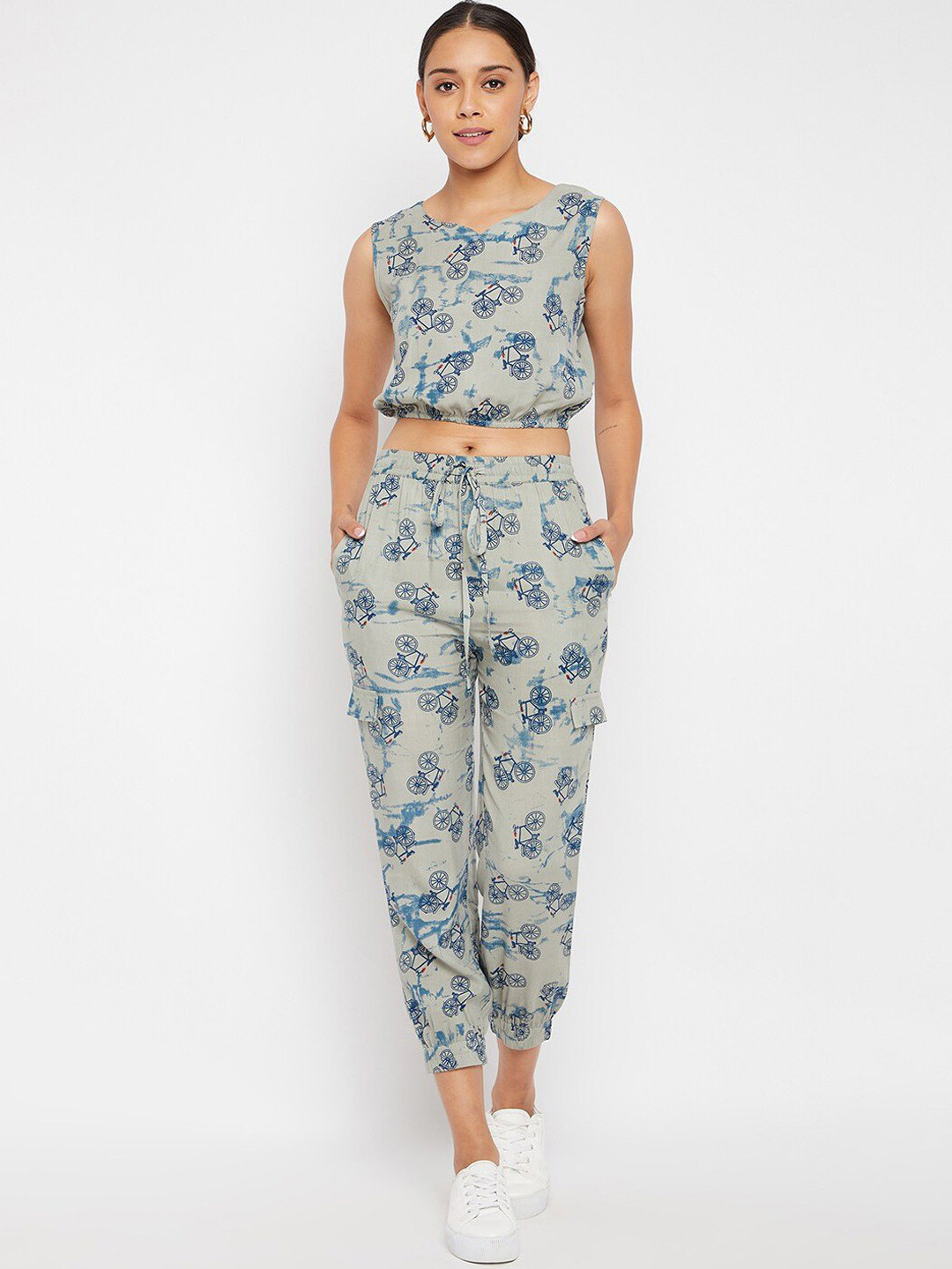 PANIT Women Cycle Printed Crop Top With Ankle Length Tousers