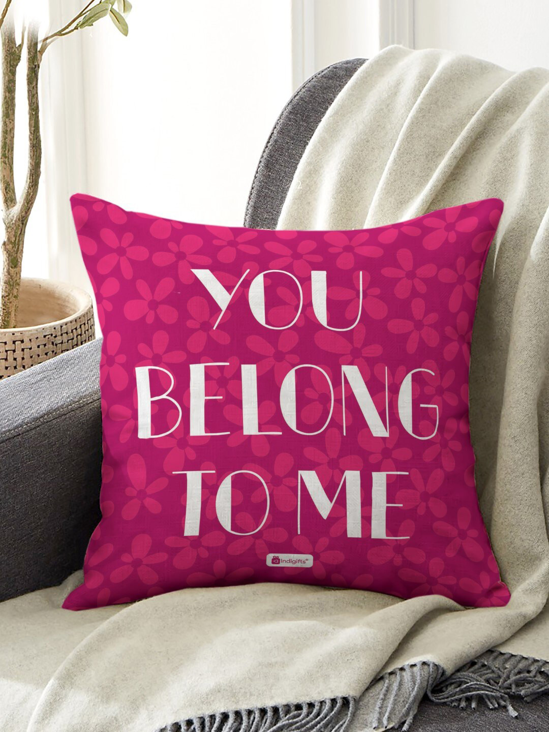 Indigifts Pink & White Printed Square Shaped Cushion