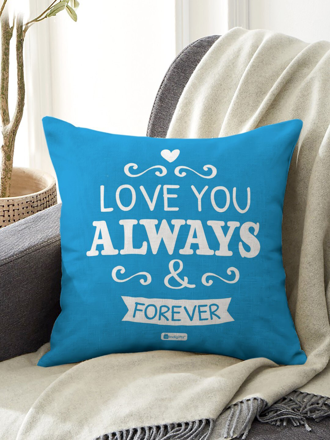 Indigifts Blue Love You Always & Forever Quote Printed Pre-Filled Cushions