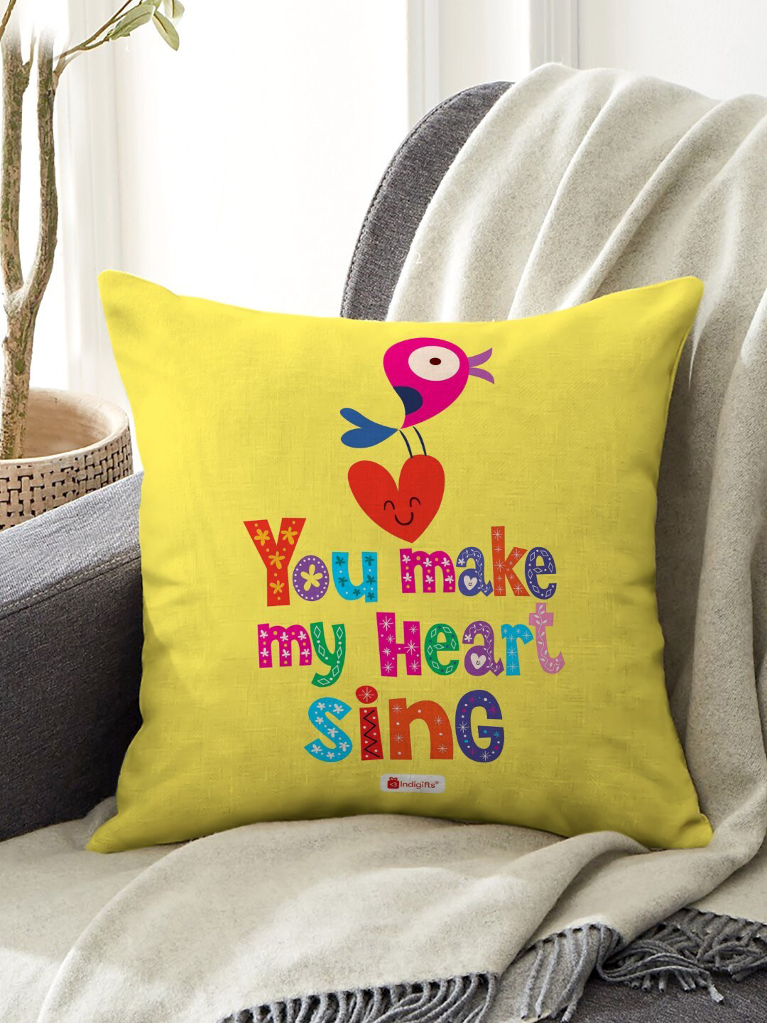 Indigifts Yellow Printed Square Cushions