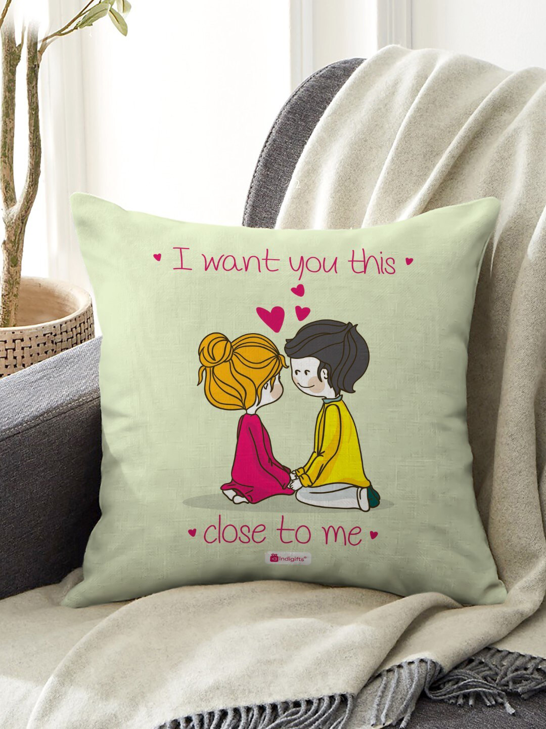 Indigifts Green & Pink Printed Square Shaped Pre-Filled Cushion