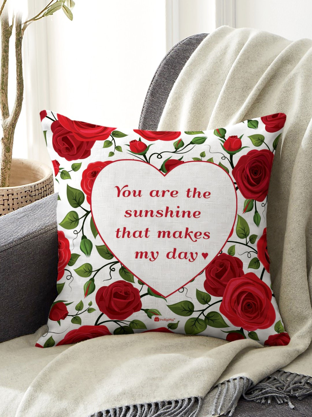 Indigifts White & Red Valentine Day Love Quote Printed Cushion