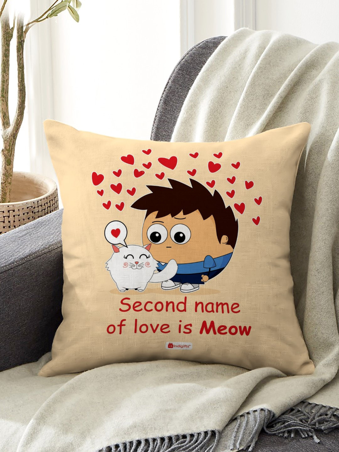 Indigifts Beige Valentine Love Is Meow Printed Cushions With Filler