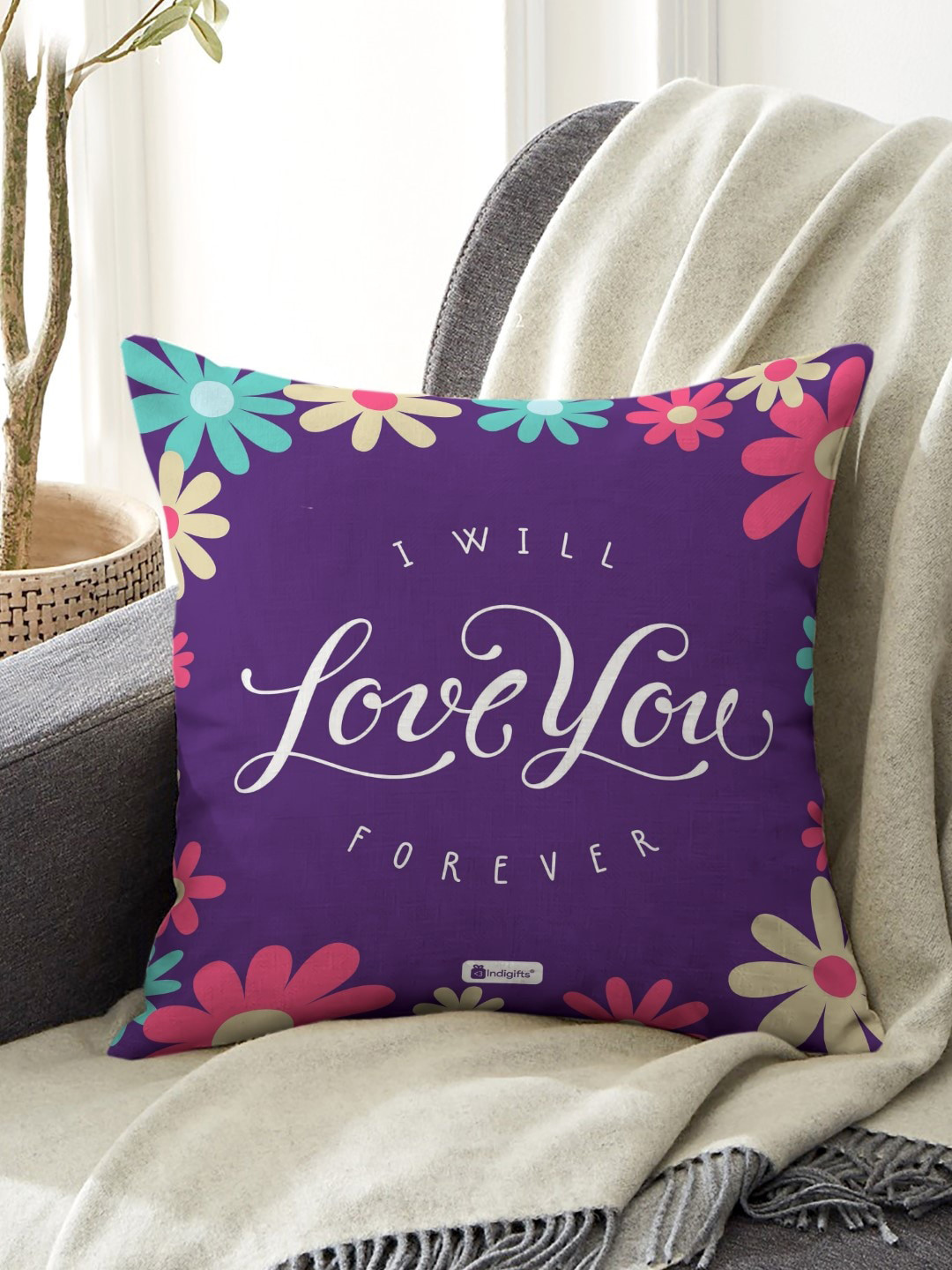 Indigifts Purple & Pink Printed Square Shaped Pre-Filled Cushion