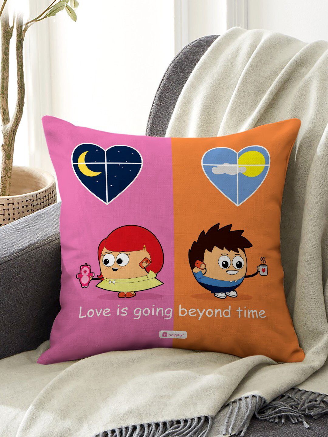 Indigifts Pink & Orange Printed Square Shaped Pre-Filled Cushion