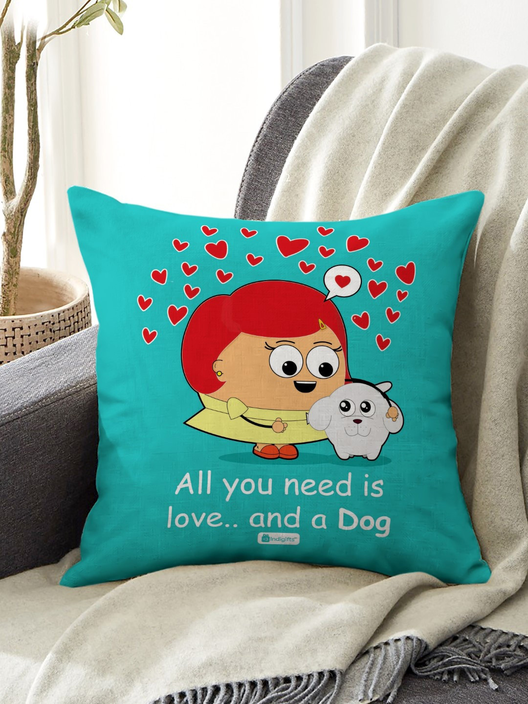 Indigifts Blue Love Quote Printed Satin Cushion Cover with Fibre Filler