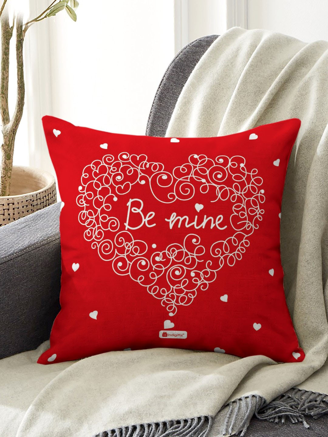 Indigifts Love Be Mine Red & White Printed Pre-Filled Cushion