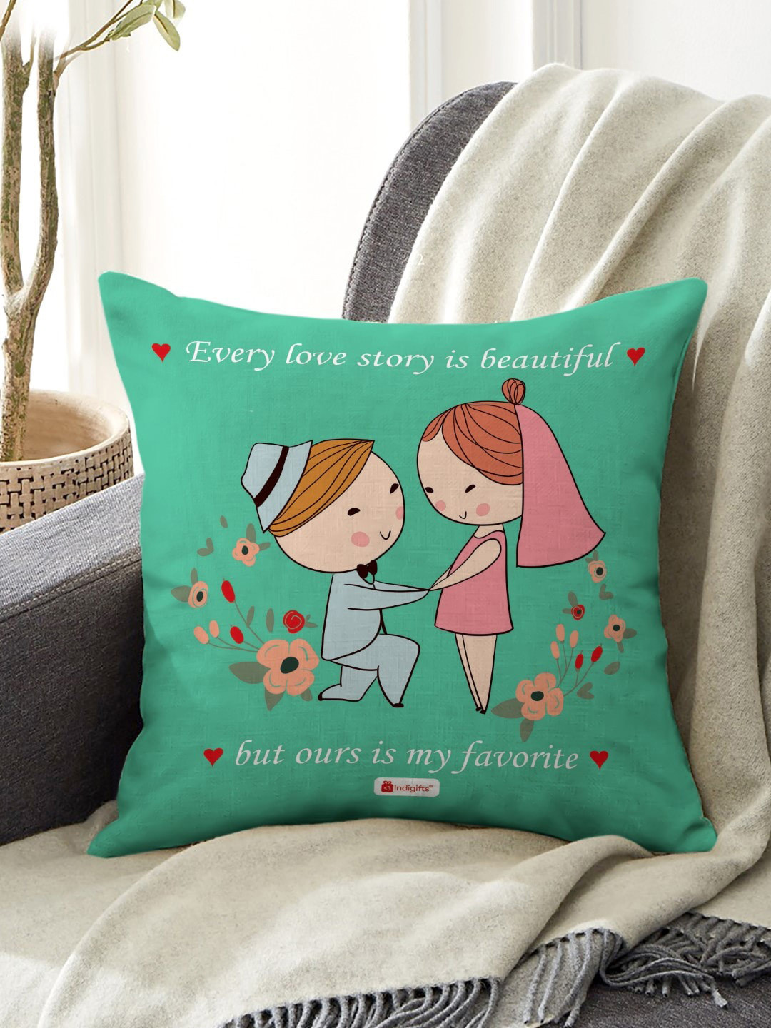 Indigifts Green & Pink Printed Square Shaped Pre-Filled Cushion