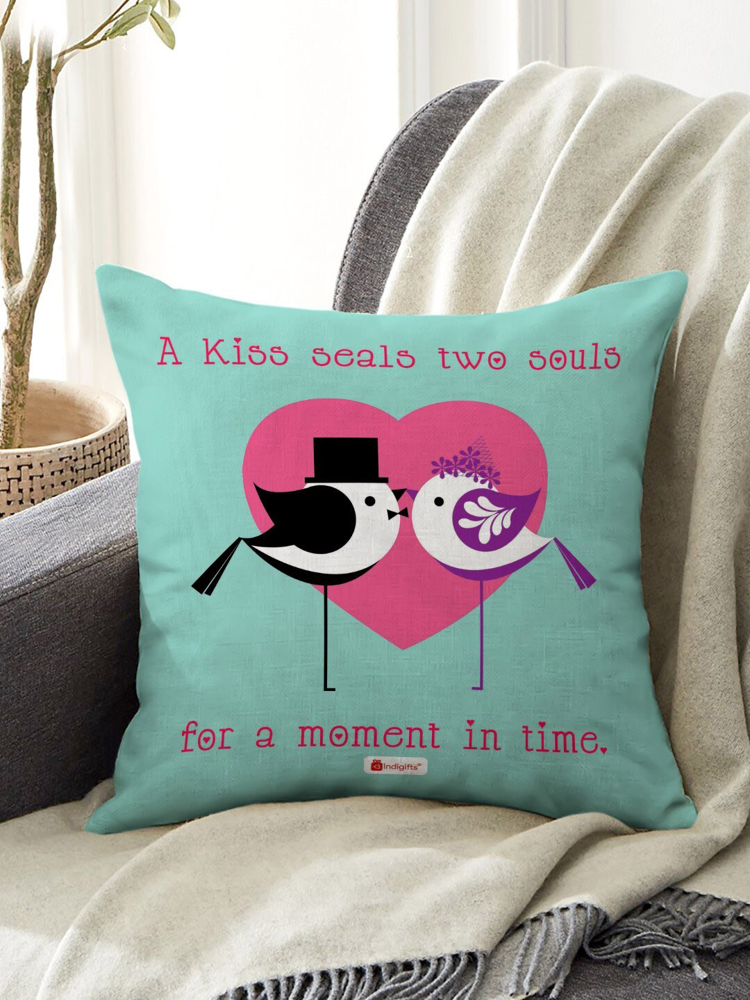 Indigifts Blue & Pink Love Quote Printed Pre-Filled Cushions