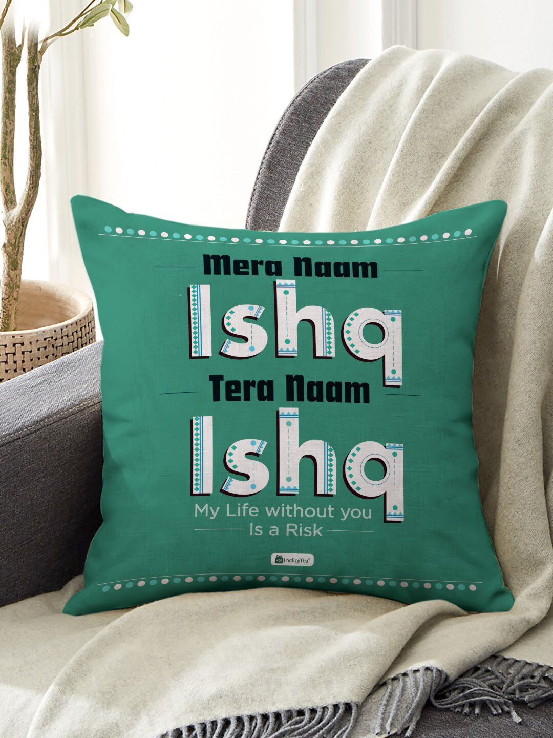 Indigifts Green Naam Ishq Quote Printed Pre-Filled Cushions