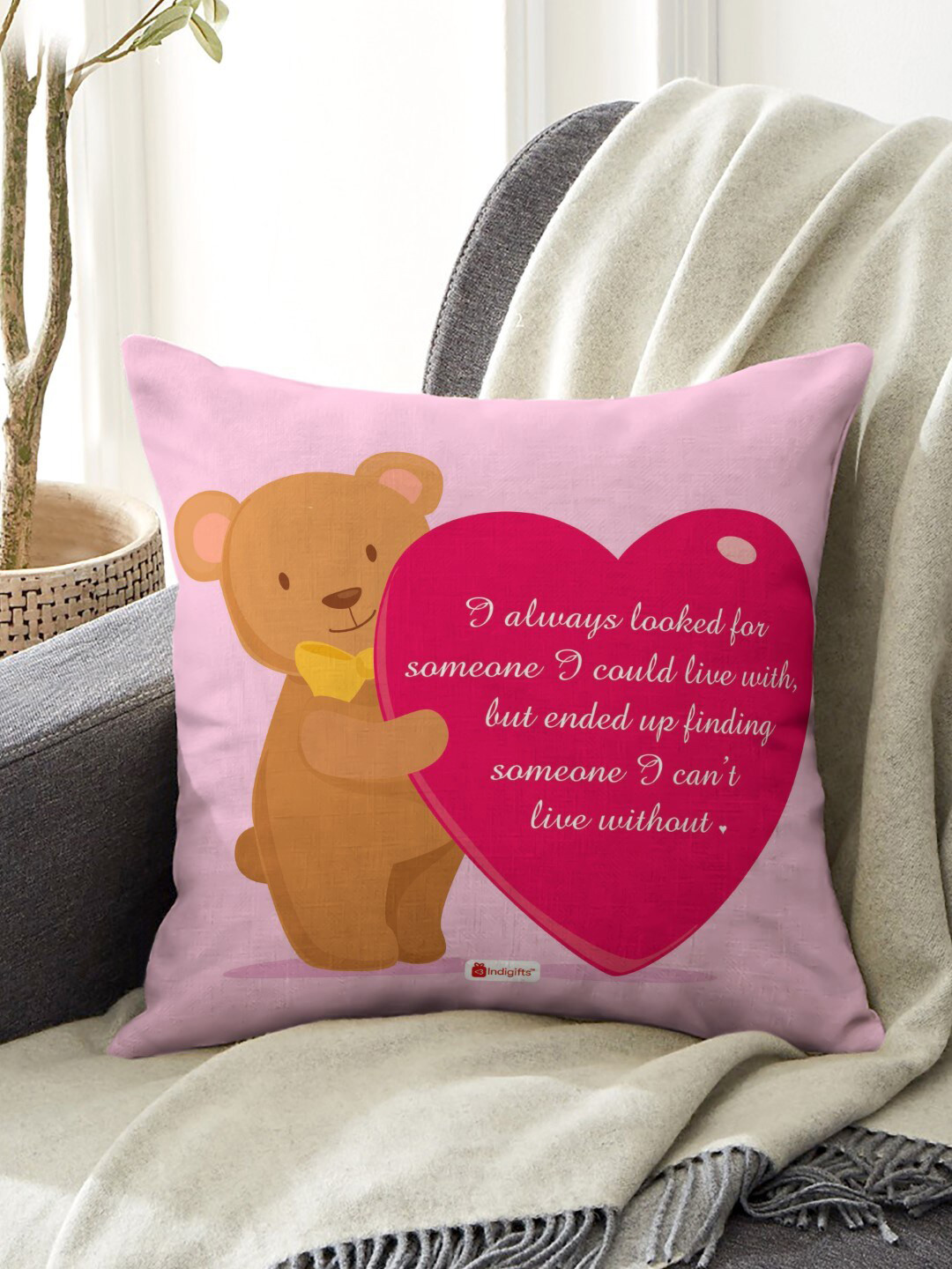Indigifts Pink & Brown Printed Cushion Cover with Filler