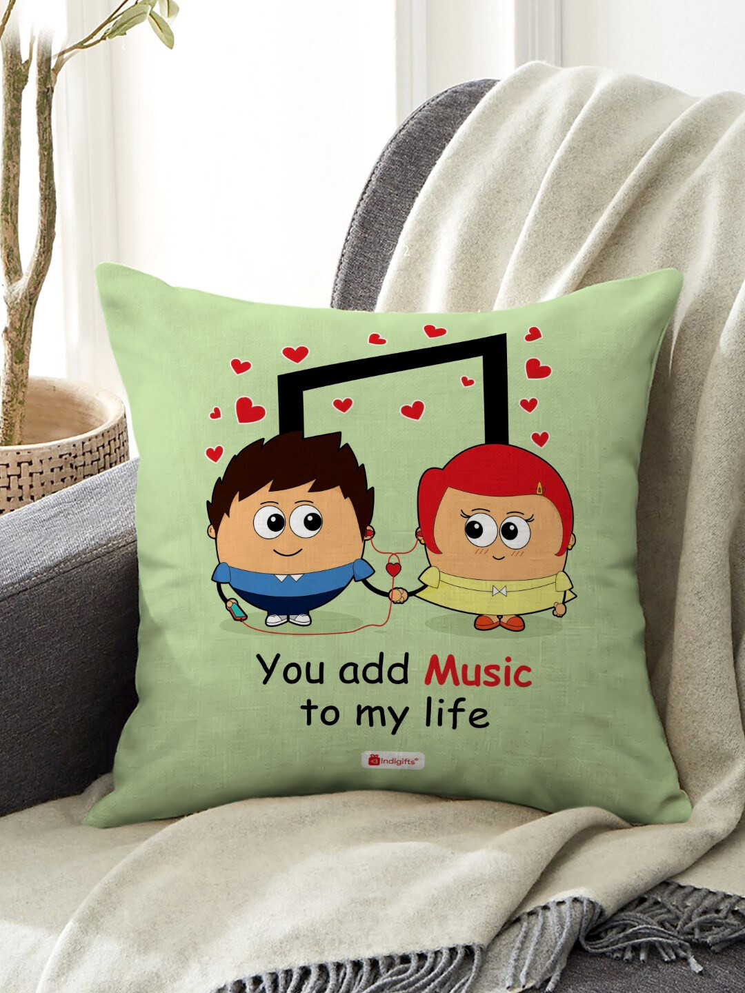 Indigifts Green Printed Square Cushion with Filler