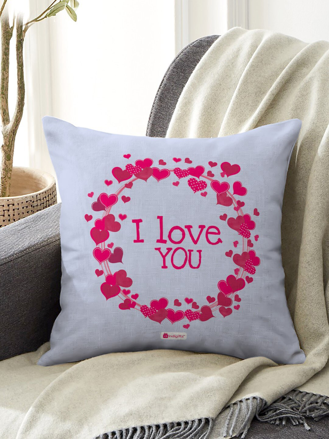 Indigifts Blue & Pink Printed Square Shaped Pre-Filled Cushion