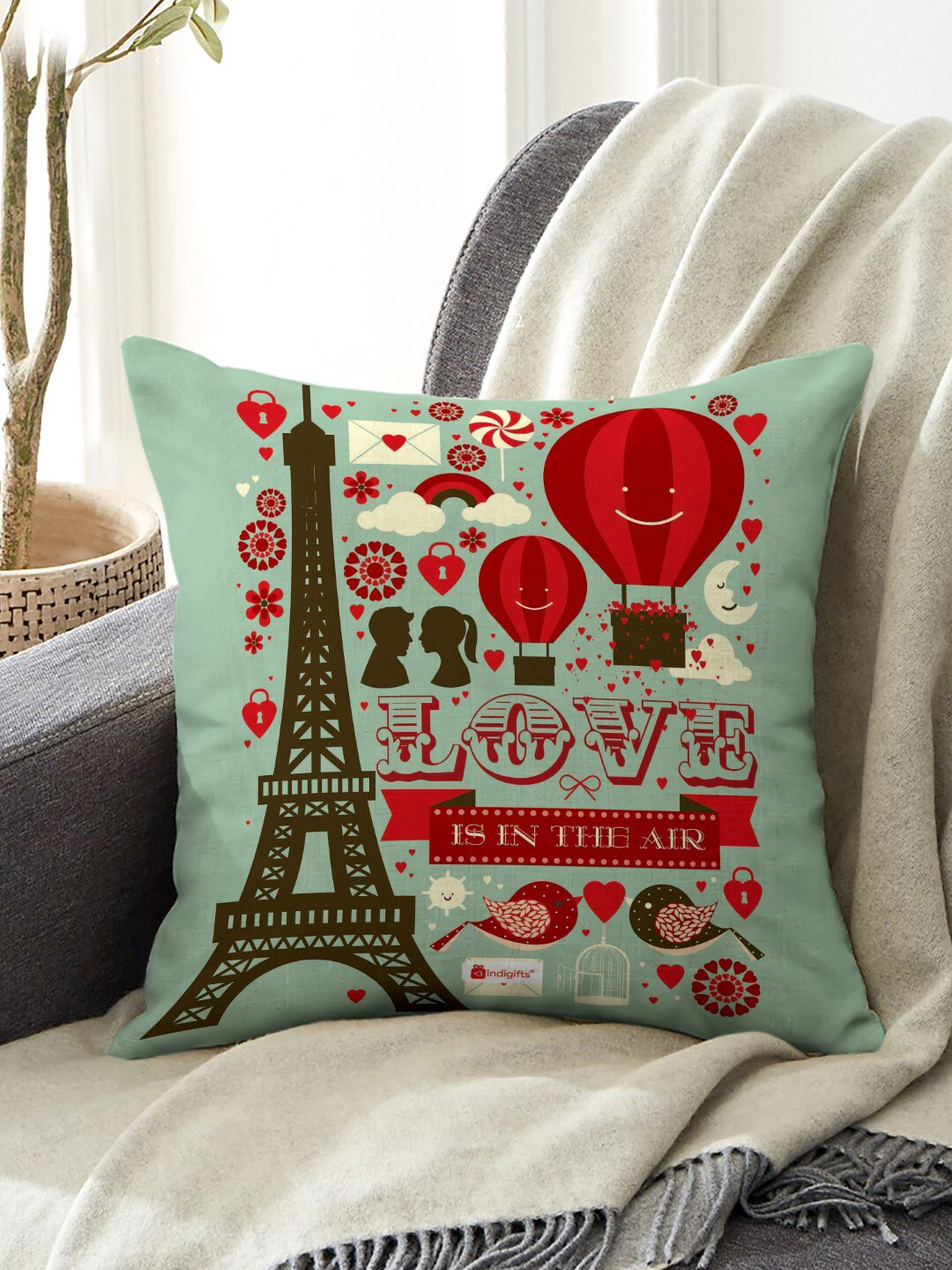 Indigifts Green & Red Printed Square Shaped Pre-Filled Cushion