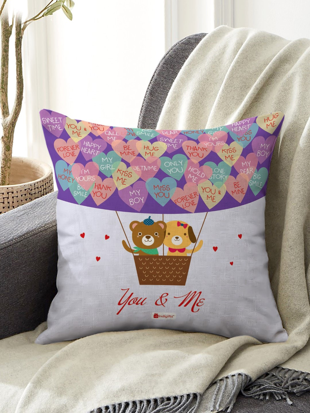 Indigifts White & Purple Printed Cushion Cover with Filler