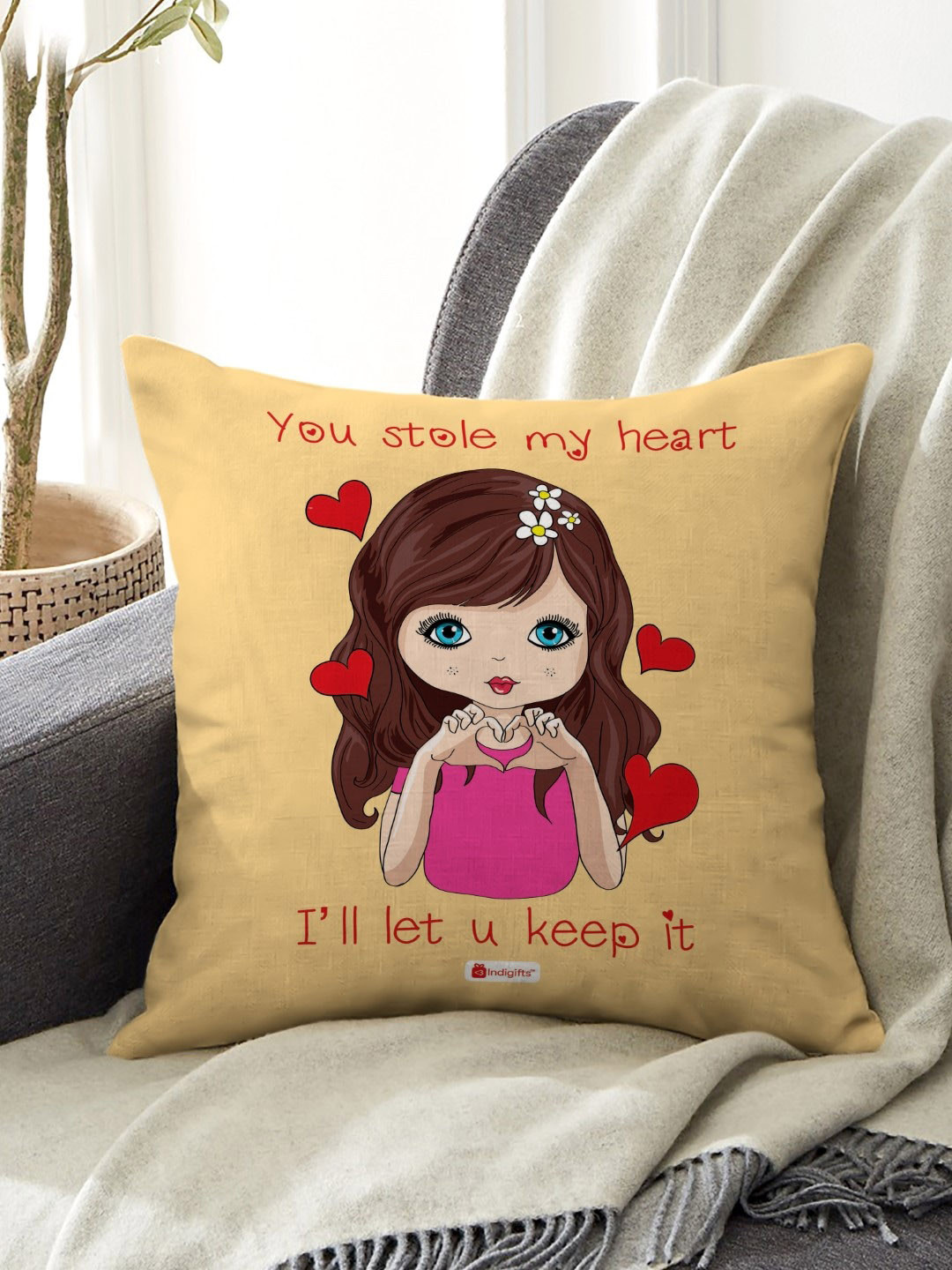 Indigifts Beige & Red You Stole My Heart Printed Cushion with Filler