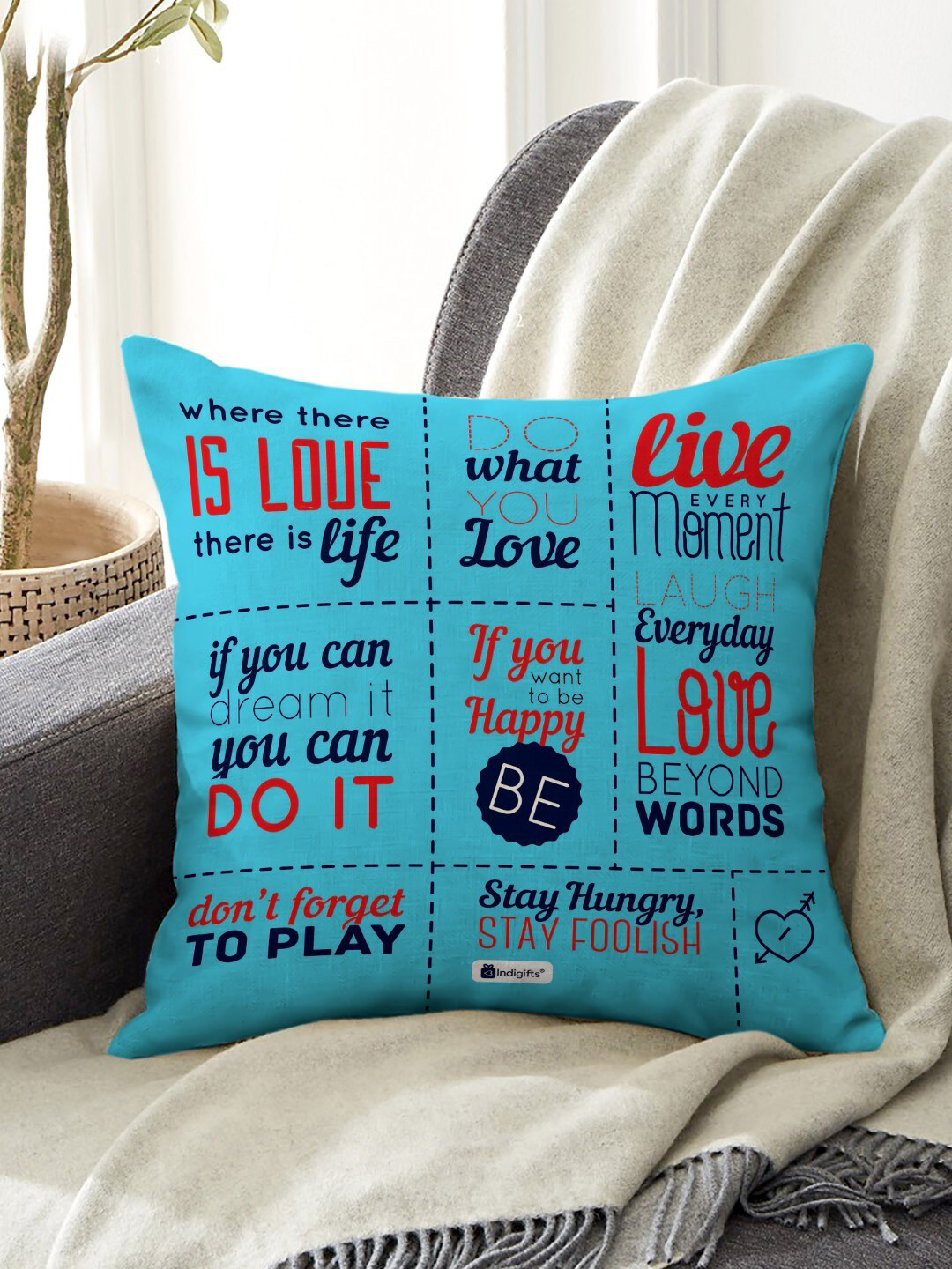 Indigifts Blue Love Quote Printed Pre-Filled Cushions