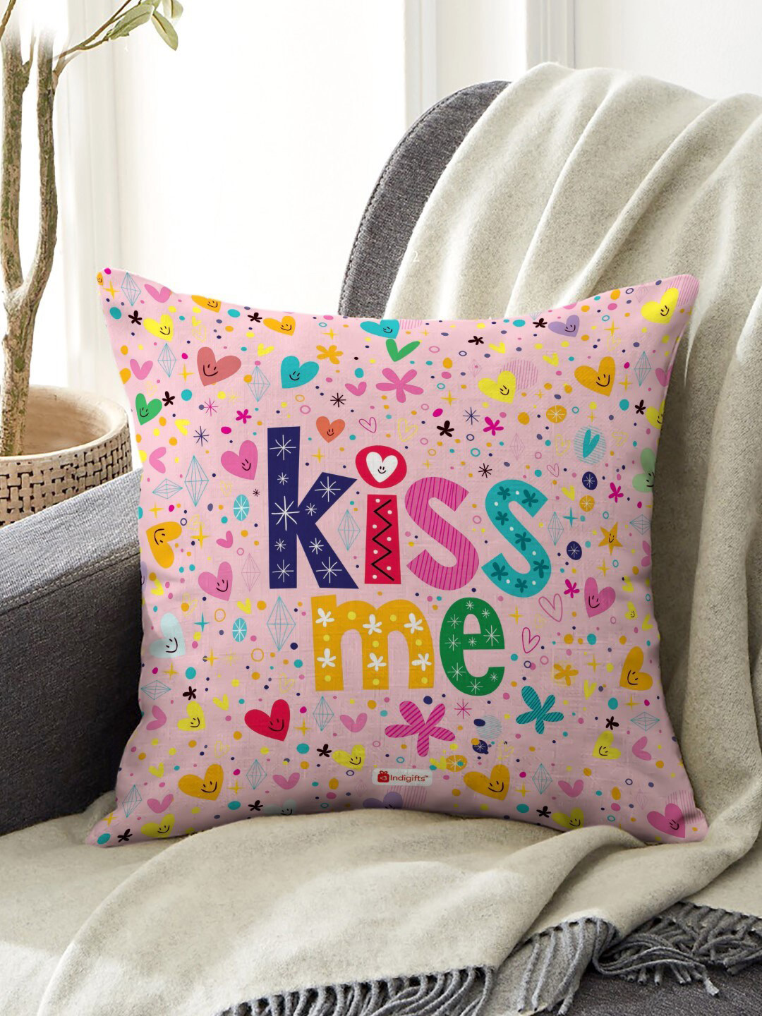Indigifts Pink Printed Cushion Cover With Filler