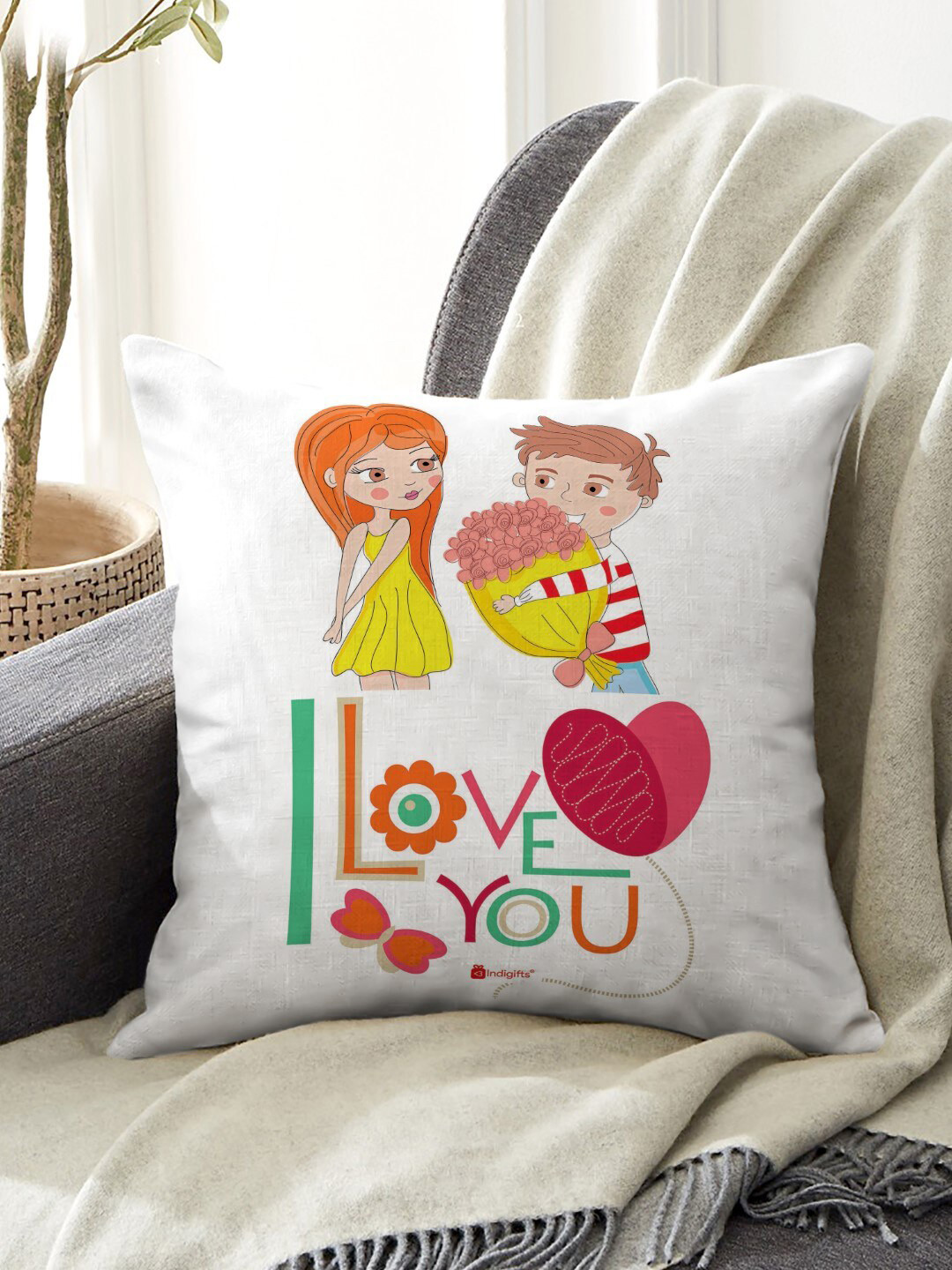 Indigifts White & Red Printed Cushion Cover with Fiber Filler