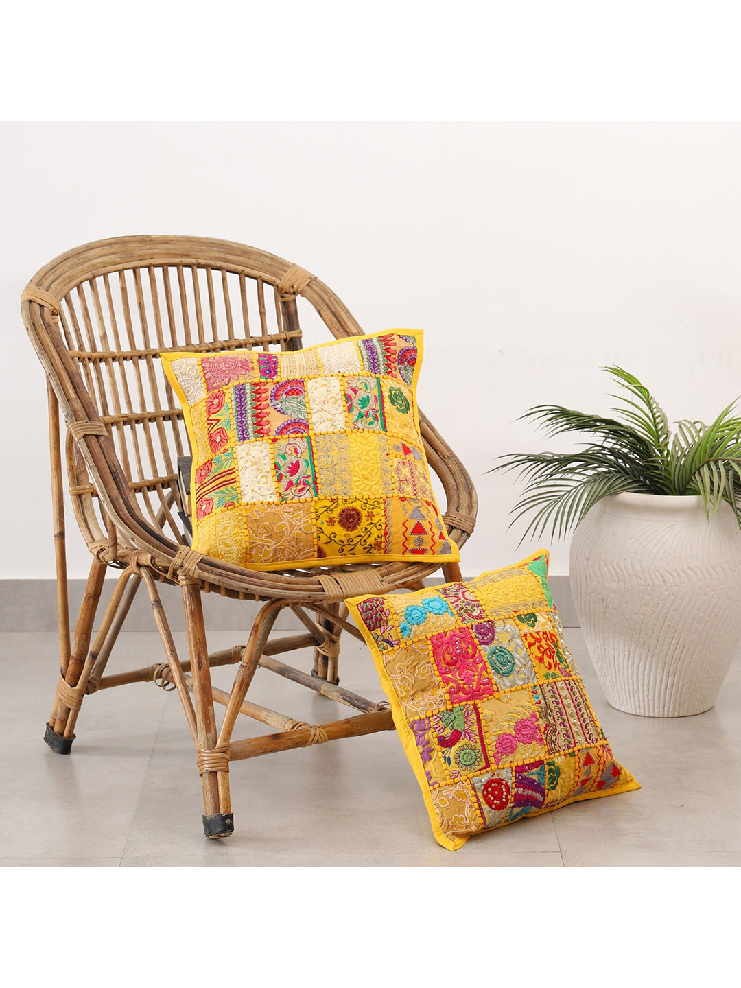 HANDICRAFT PALACE Yellow & White Set of 2 Embroidered Cotton Square Cushion Covers