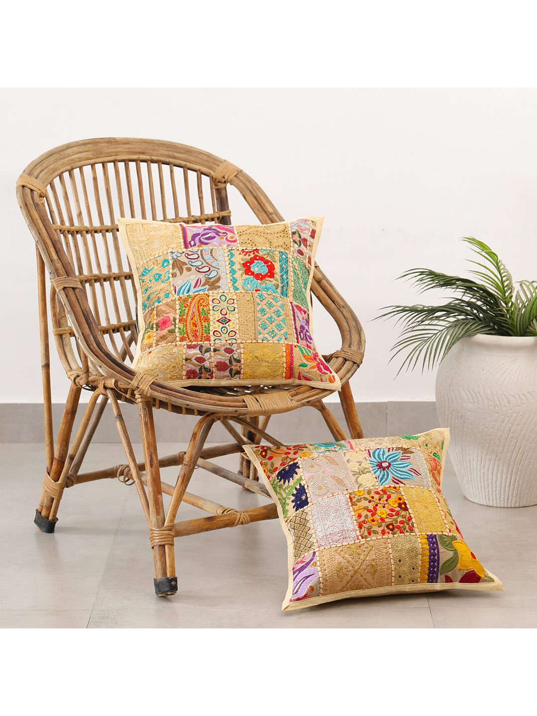 HANDICRAFT PALACE Beige & Yellow Set of 2 Embroidered Cotton Square Cushion Covers